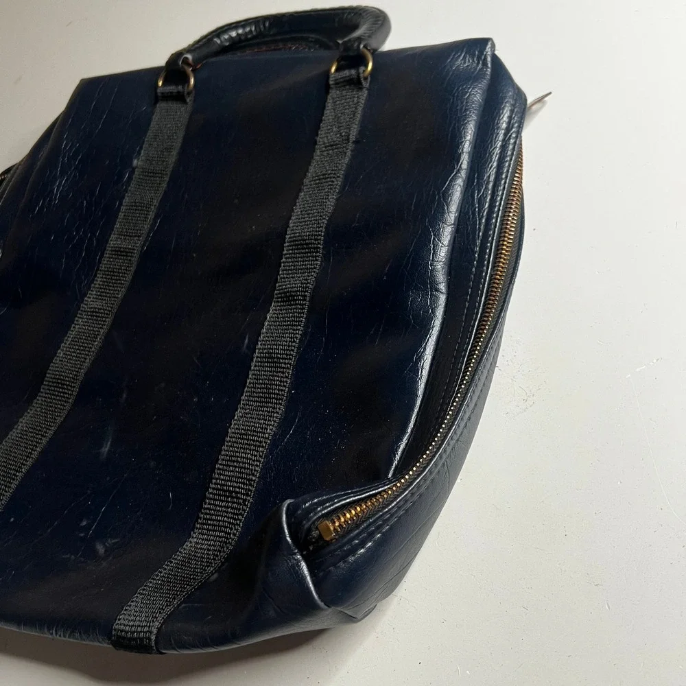 Vintage 70s Navy Blue Faux Leather Briefcase Zippered Document Bag Laptop Case